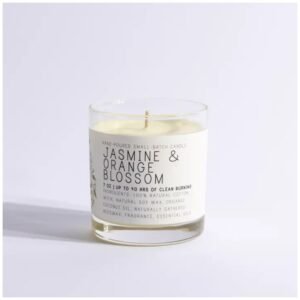 Natural soy wax candle with musky jasmine, warm honey, and orange blossom scent.