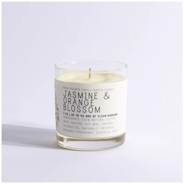 Natural soy wax candle with musky jasmine, warm honey, and orange blossom scent.