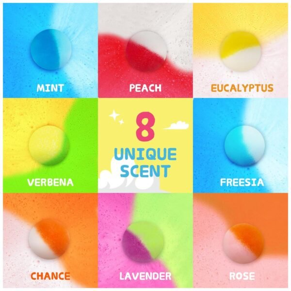 Display of 8 different scents in bath bomb set