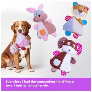 Happy dog playing with a colorful plush toy from the 5-pack set.