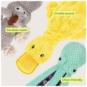 The three unique chew toys in the set—rope donkey, plush octopus, and crinkle duck