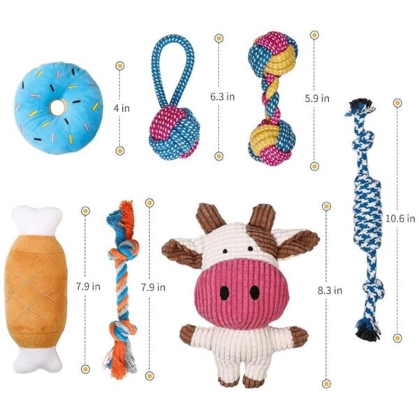 Size comparison of small dog toys, perfect for puppies to chew and play
