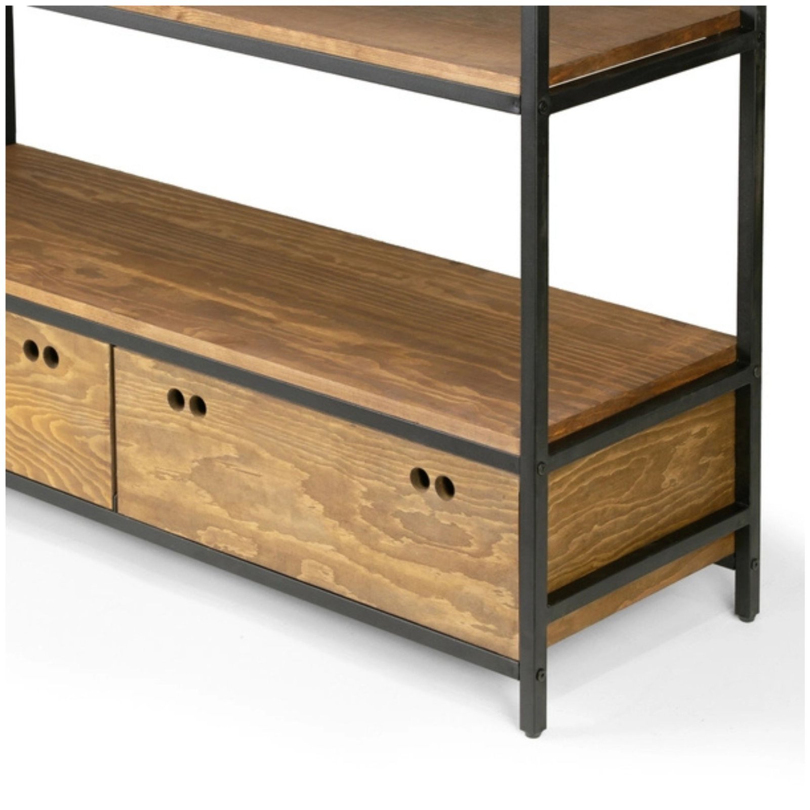 4 Alta Brown Pine Wood Display Shelf Etagere with Black Metal Frame and Two Bottom Drawers"