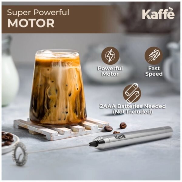 Kaffe Handheld Milk Frother demonstrating versatility for frothing milk, whipping eggs, and mixing sauces.