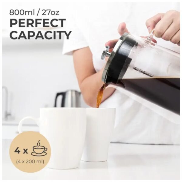 Kaffe French Press Coffee Maker showcasing its 34oz (1000ml) capacity for brewing up to 4 cups.