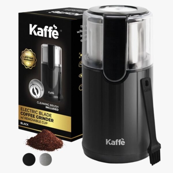 Full view of the Kaffe Electric Blade Coffee Grinder with removable cup and compact design