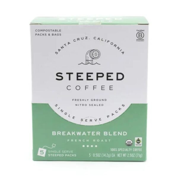 Front view of Breakwater French Roast Coffee Steeped Bag showcasing premium packaging and sustainable design