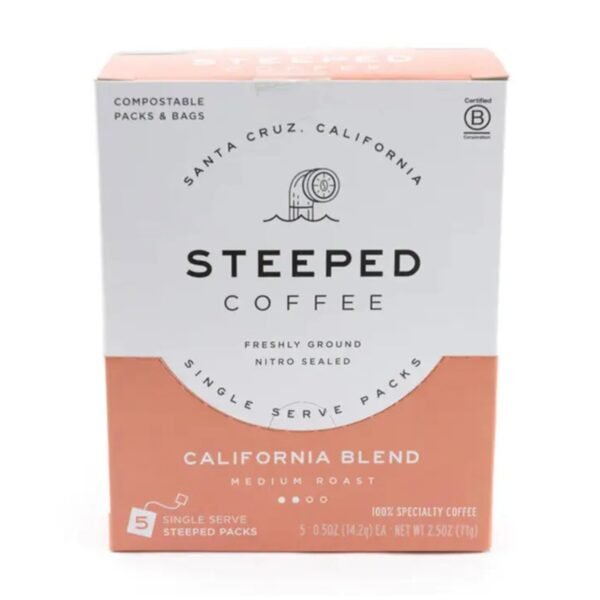 Front view of California Blend Medium Roast Steeped Coffee Bag showcasing premium design and sustainable packaging.