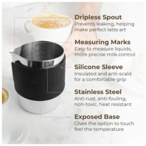 Sleek stainless steel milk frothing pitcher with a modern ergonomic design