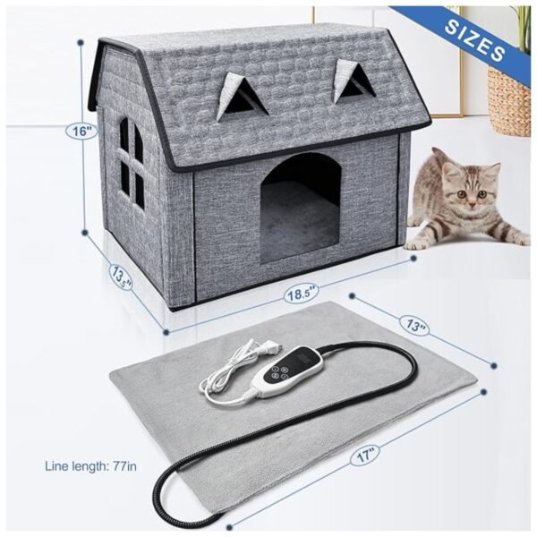 Dimensions chart of the heated cat house, showing size compatibility for cats and small dogs.