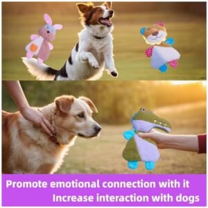 Happy dog playing with a colorful plush toy from the 5-pack set.