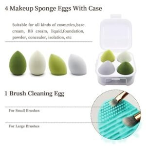 Set of 4 makeup sponges included in the kit, perfect for blending foundation, concealer, and other makeup products.