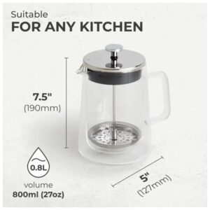 Dimensions of the Kaffe French Press Coffee Maker, highlighting its compact and functional design.