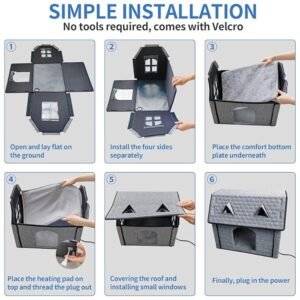 Step-by-step guide for setting up the heated cat house, highlighting its simple and user-friendly assembly