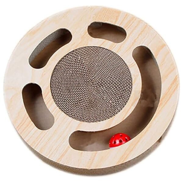 Top view of the soccer-themed cat toy, highlighting the track, balls, and comfortable resting area