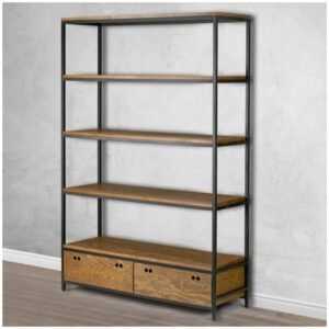 Alta Brown Pine Wood Display Shelf Etagere with Black Metal Frame and Two Bottom Drawers"