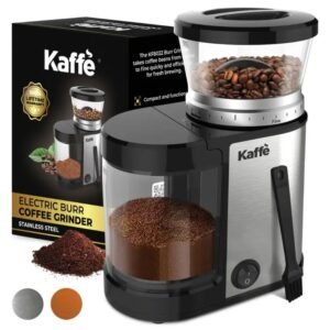 view of the Wholesale Kaffe Electric Burr Coffee Grinder showcasing its sleek stainless steel design