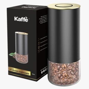 Full view of Kaffe Glass Coffee Canisters in black and gold, showcasing their sleek design.