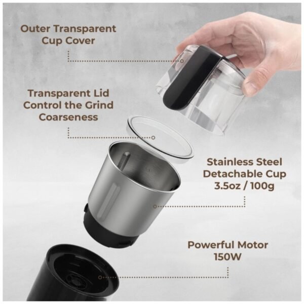 Components of the Kaffe Electric Blade Coffee Grinder including the stainless steel blades and removable cup.