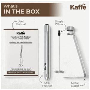 Contents of the KF6020 milk frother package, including the handheld frother and user manual