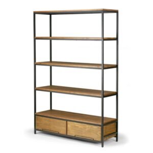 Alta Brown Pine Wood Display Shelf Etagere with Black Metal Frame and Two Bottom Drawers"