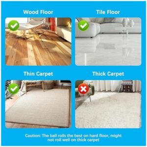 Image demonstrating the toy rolling smoothly on carpets and hard floors, suitable for all surfaces.