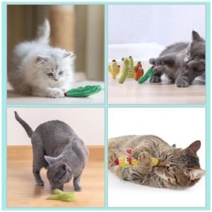 Playful kitten happily chewing and batting at a cactus-shaped catnip toy