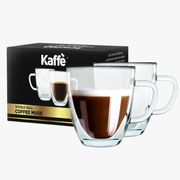 Full view of Kaffe 16oz Glass Coffee Mugs Set of 2, showcasing their sleek and modern design.