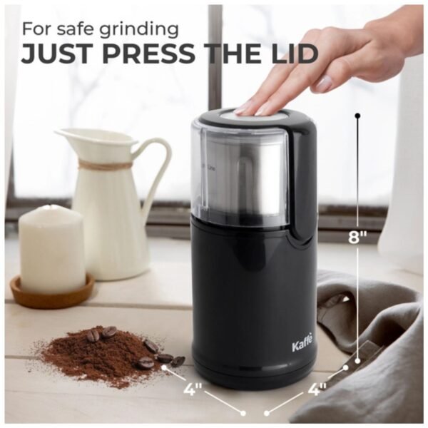 Kaffe Electric Blade Coffee Grinder dimensions, showcasing its compact size for easy storage.