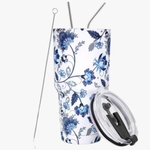 Top and side view of a 30oz stainless steel tumbler with splash-proof lid and metal straw, showcasing its sleek design