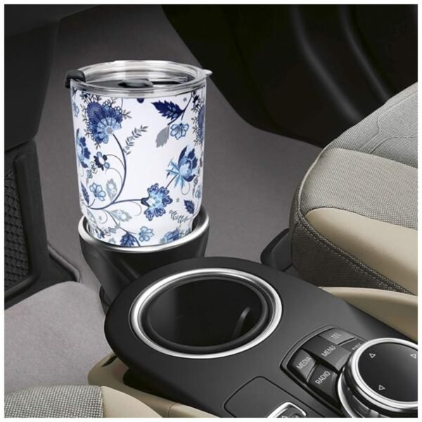 30oz tumbler securely placed in a car cup holder, demonstrating its travel-friendly design