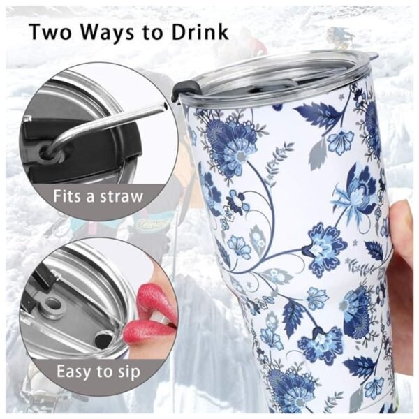 Tumbler with two drinking options: using the metal straw or sipping directly through the splash-proof lid