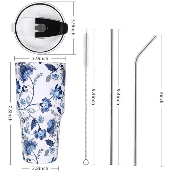 Dimensions of the 30oz tumbler displayed with measurements for height and width, emphasizing its compact and travel-friendly size.