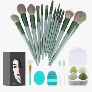 Full view of the 22-piece makeup brush set, showcasing all brushes, sponges, and accessories neatly arranged.