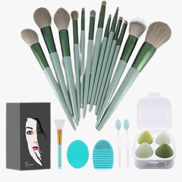 Full view of the 22-piece makeup brush set, showcasing all brushes, sponges, and accessories neatly arranged.