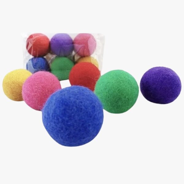 Image showcasing vibrant wool cat balls in rainbow colors, ideal for playful cats