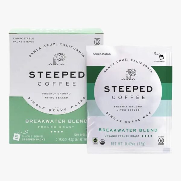 Front view of Breakwater French Roast Coffee Steeped Bag showcasing premium packaging and sustainable design