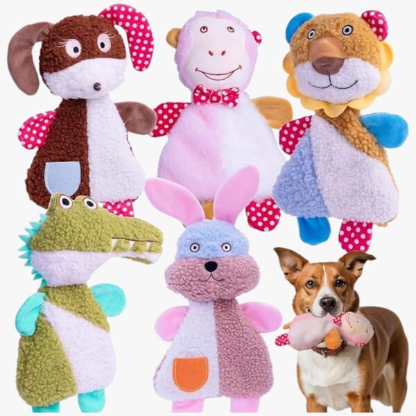 Set of 5 plush dog toys in monkey, lion, rabbit, dog, and crocodile shapes.