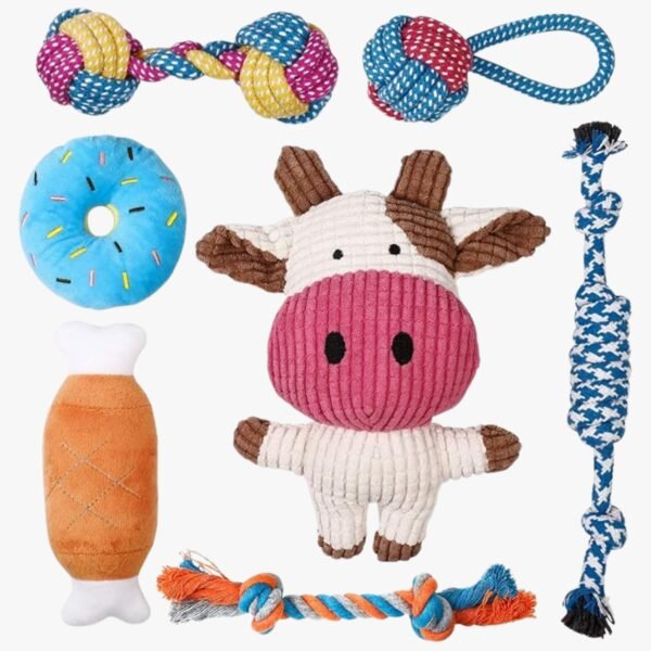 Set of 7 small dog toys including squeaky plush toys and rope chew toys.