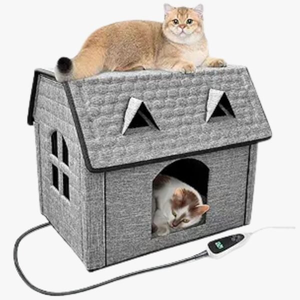 Complete view of the heated cat house showcasing its foldable design, windows, and sturdy construction.