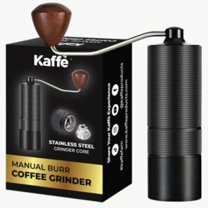 Manual coffee grinder with a sleek all-metal body and ergonomic handle, perfect for home or travel use.