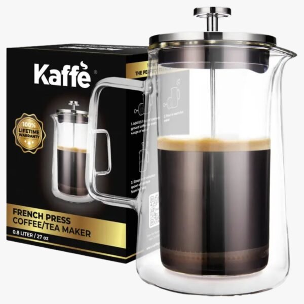 Full view of the Kaffe French Press Coffee Maker with double-wall borosilicate glass.