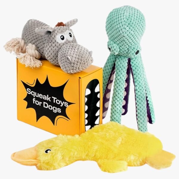 Set of 3 dog chew toys including rope donkey, plush octopus, and crinkle duck