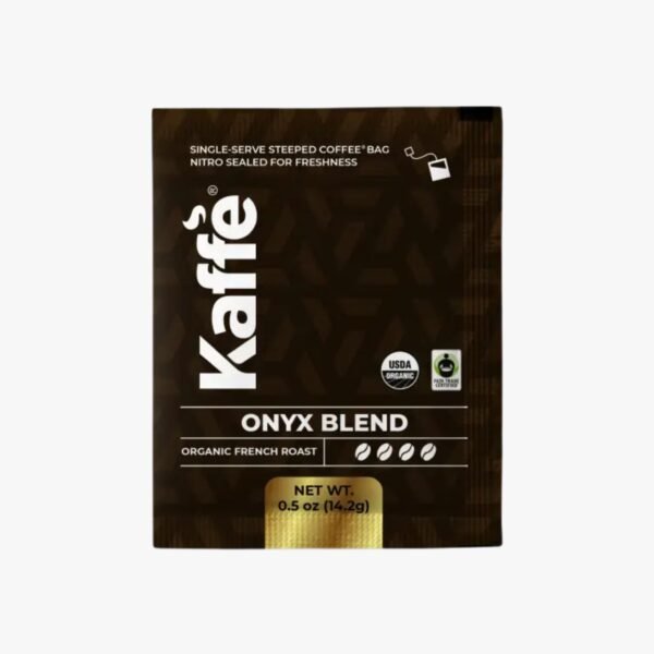 Front view of Onyx Blend French Roast Coffee Steeped Bag showcasing premium design and sustainable packaging