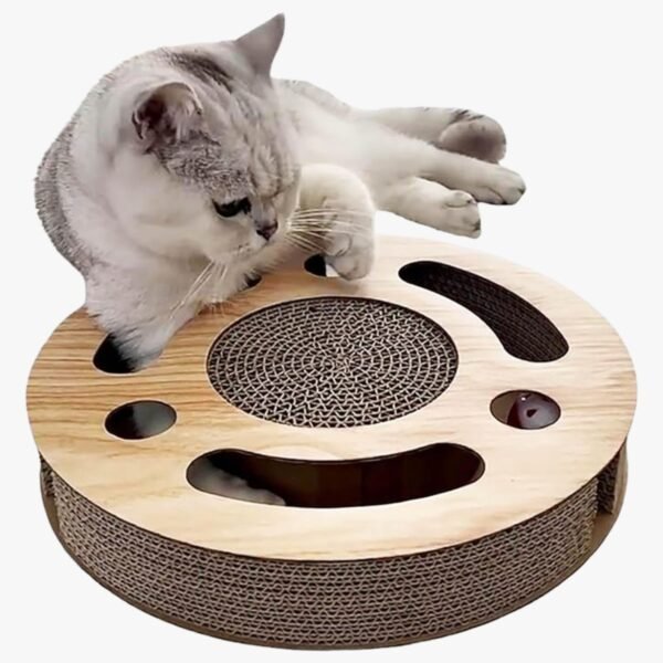 Full view of the 3-in-1 soccer-themed cat toy with rolling balls and scratcher, ready for play.