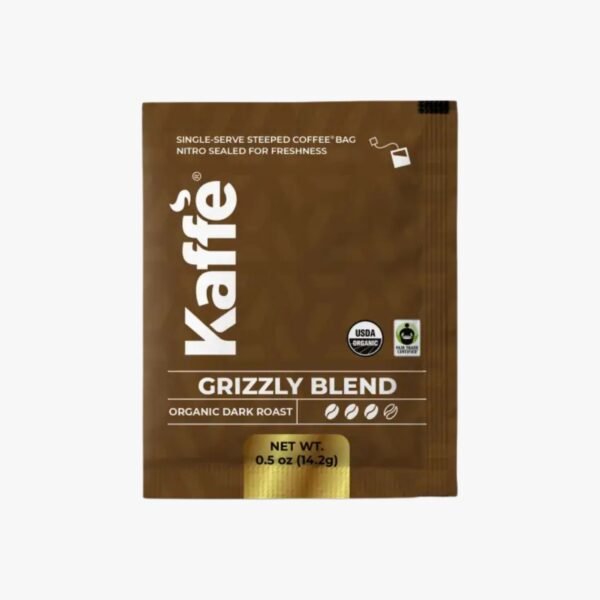 Front view of Grizzly Blend Dark Roast Coffee Steeped Bag showcasing bold design and eco-friendly packaging