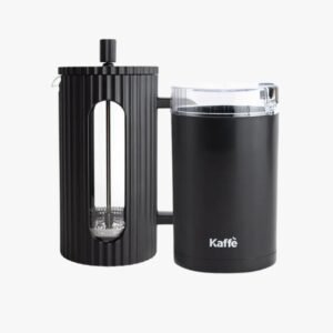 Glass French press with borosilicate core and plastic shell alongside a compact blade coffee grinder.