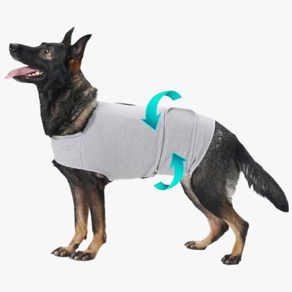Image showing the dog anxiety vest from different angles, highlighting its soft fabric and adjustable design.
