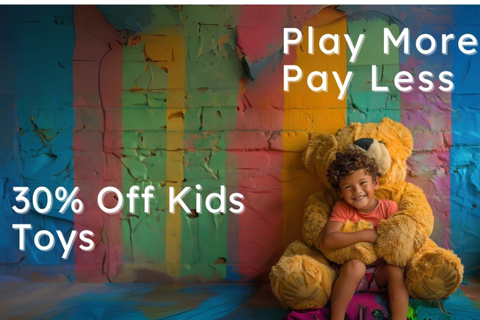 Mid Category Sale Banner Play more pay less 30% off Kids Toys